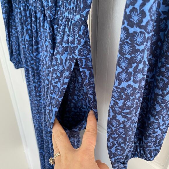 Boden Scoop Neck Jersey Midi Dress Riviera Blue Floral Elastic Waist Long Sleeve - Picture 12 of 13